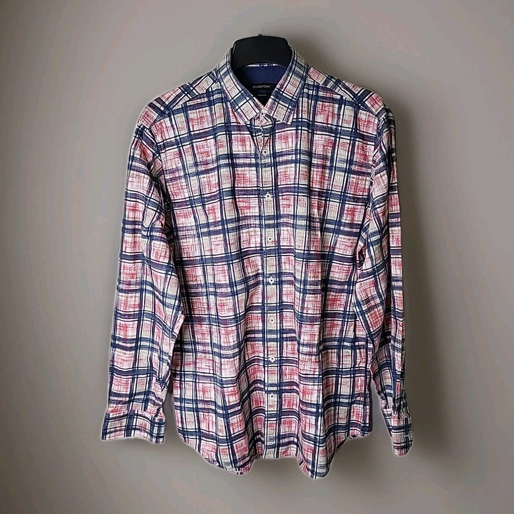 Bugatchi Men's Button-Down Plaid Shirt in Navy and Red